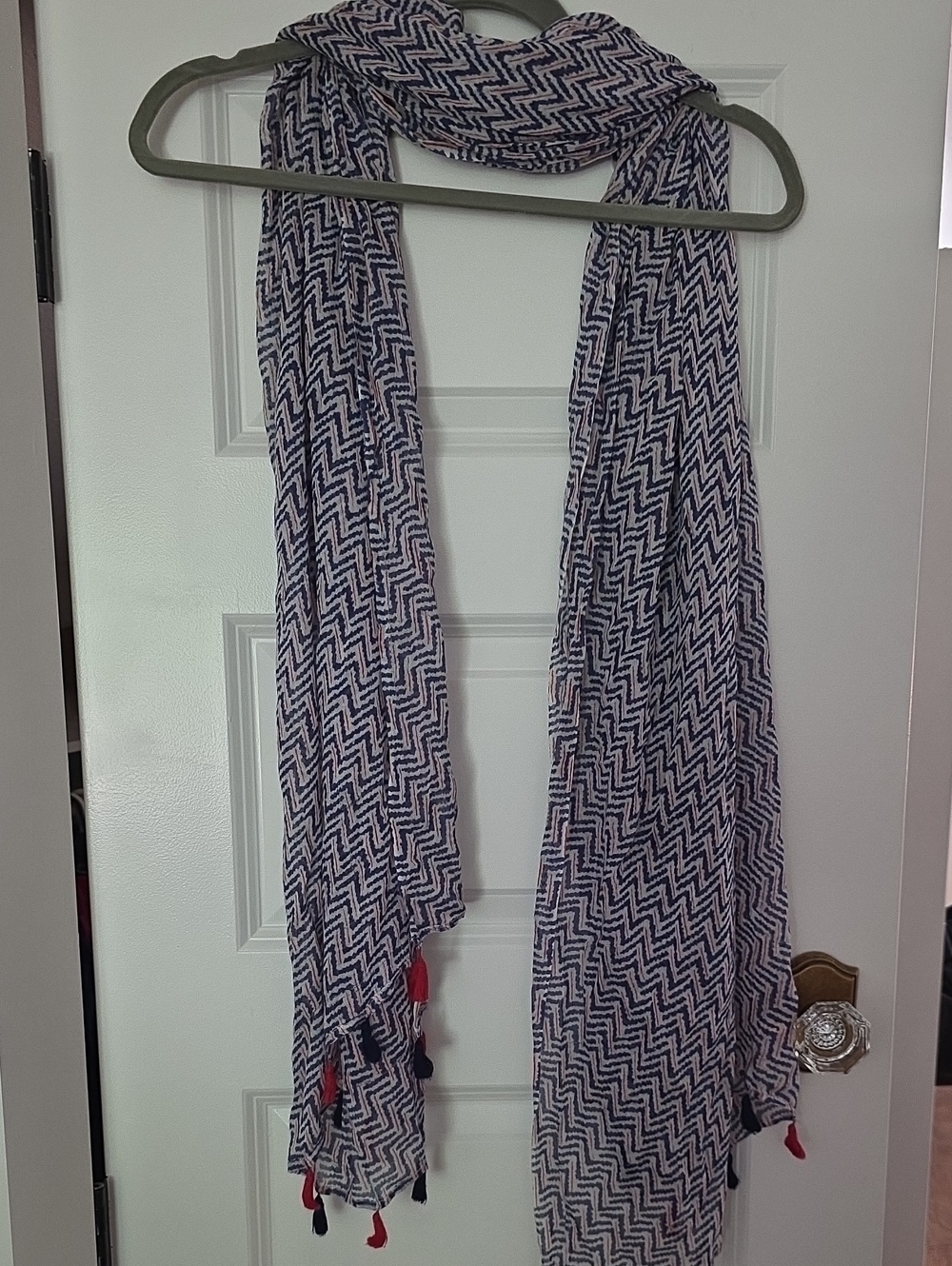 J. McLaughlin Lightweight Navy And Orange Chevron Scarf with Tassels. FUC